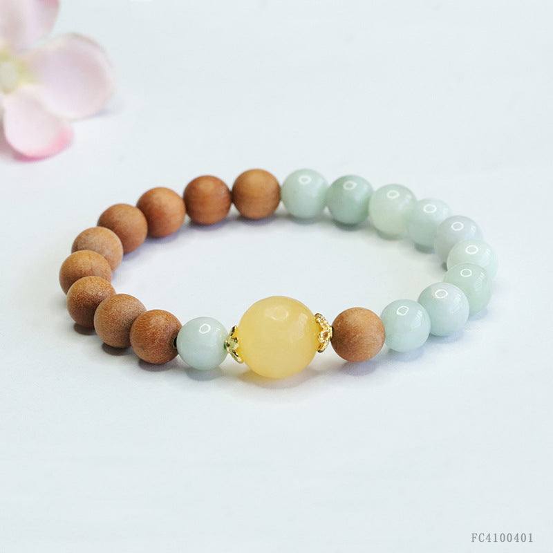 Jadeite Jade and Sandalwood Beaded Bracelet with Yellow Stone Focal Bead