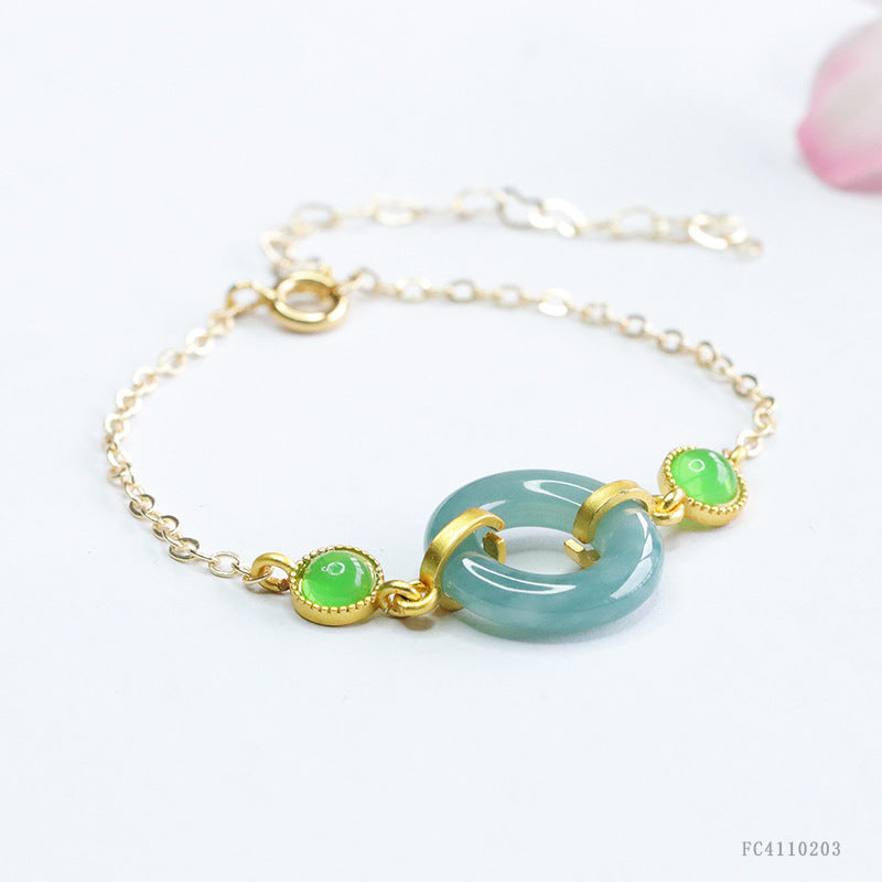 Blue Water Jadeite Jade Safety Ring Chain Bracelet with Green Cabochons