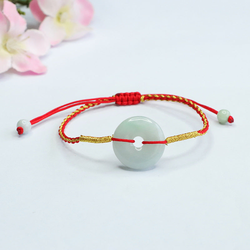 Burmese Grade A Jadeite Ping An Kou Woven Red Cord Bracelet