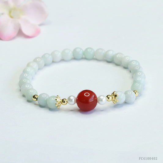 Burmese Grade A Jadeite Jade and Red Agate Beaded Bracelet with Pearl Accents