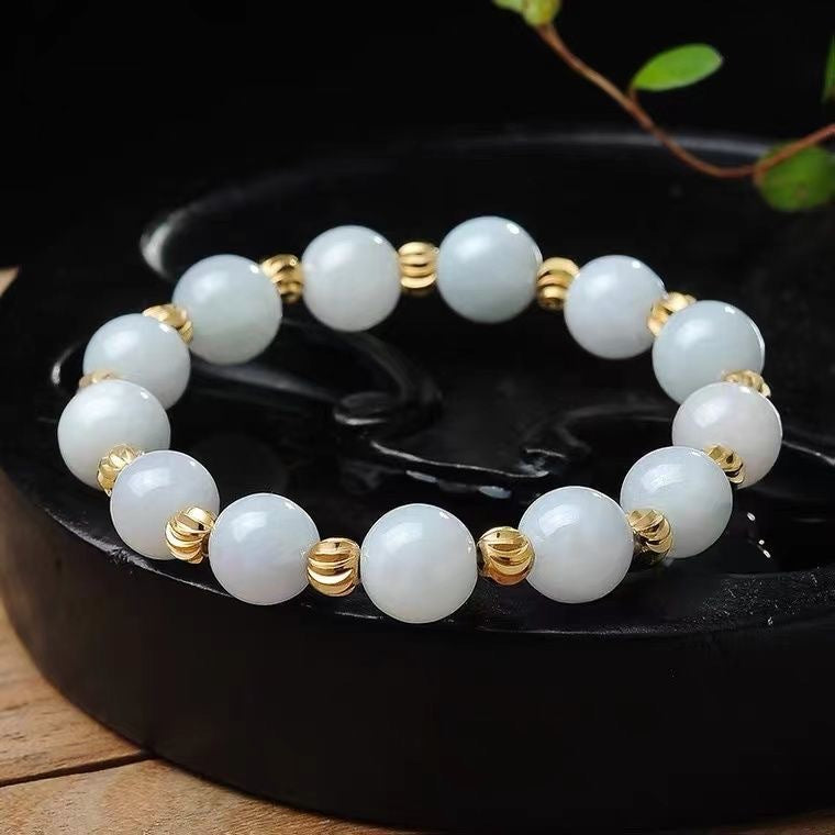 Burmese Grade A Jadeite Jade Beaded Bracelet with Ribbed Gold-Tone Spacers