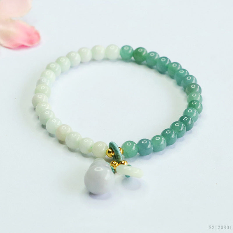 Gradient Green Jadeite Jade Beaded Bracelet with Gourd Charm