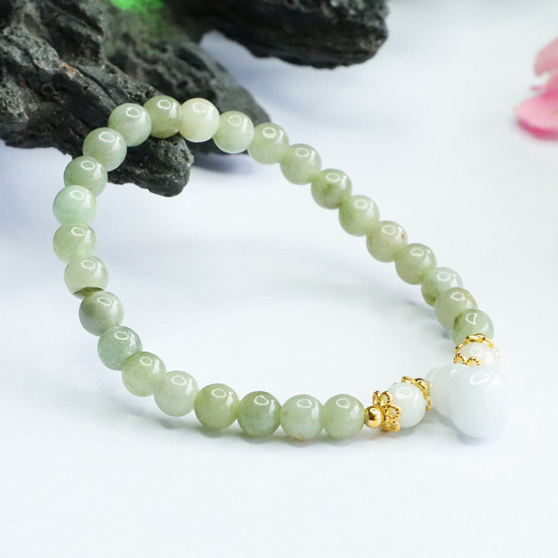 Burmese Grade A Jadeite Jade Beaded Bracelet with Gourd Pendant