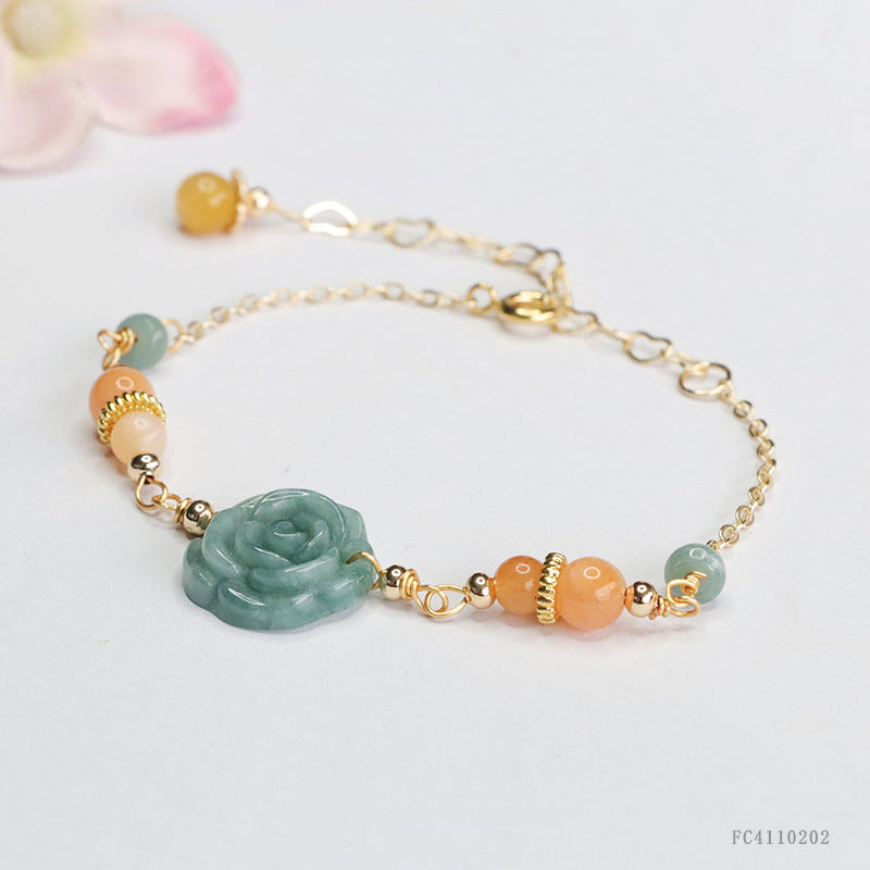 lue Water Jadeite Peony Flower and Gemstone Chain Bracelet