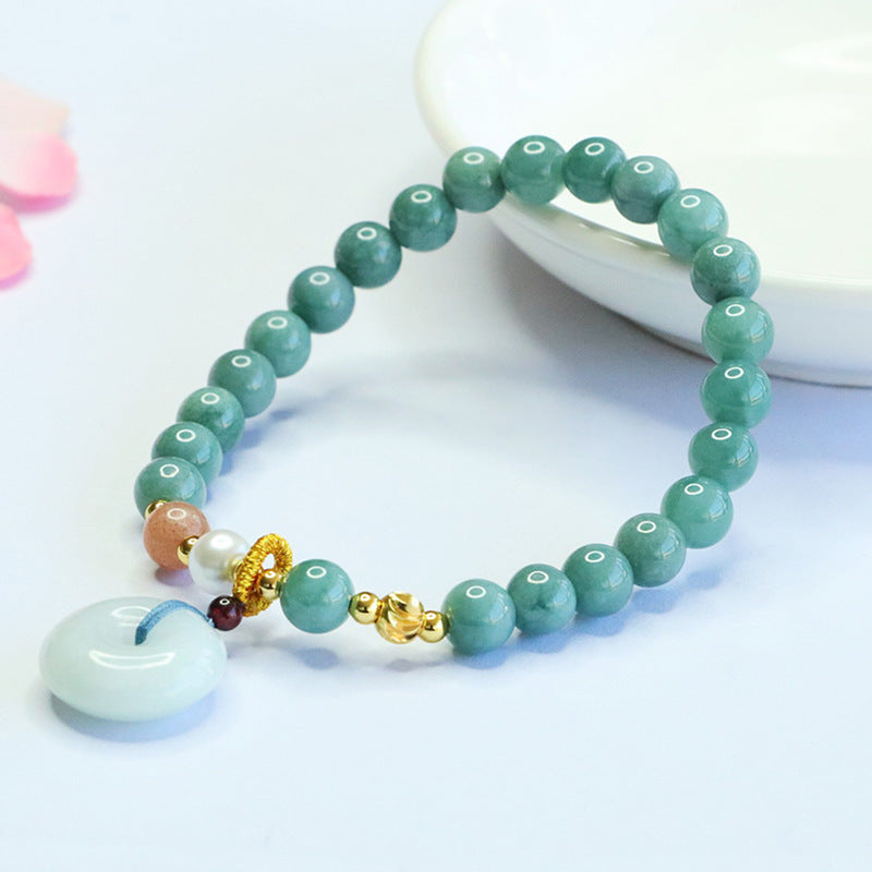 Blue Water Jadeite Jade Beaded Bracelet with Ping An Kou Dangle Charm