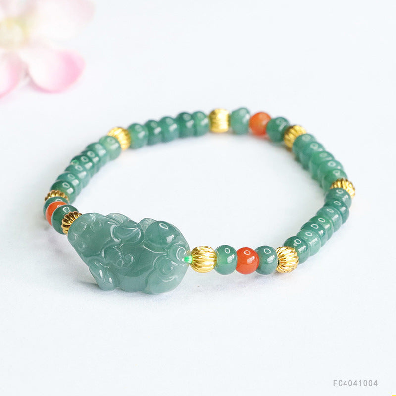 Blue Water Jadeite Jade Pi Xiu Beaded Bracelet with Red Agate Accents