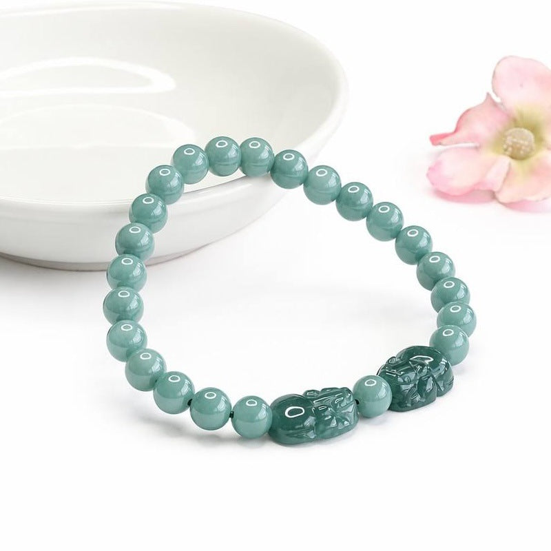 Blue Water Jadeite Jade and Red Agate Barrel Bead Pixiu Beaded Bracelet