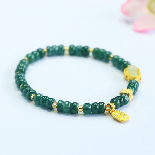 Blue Water Jadeite Jade Abacus Bead Bracelet with Gourd and "Fu" Wealth Charms