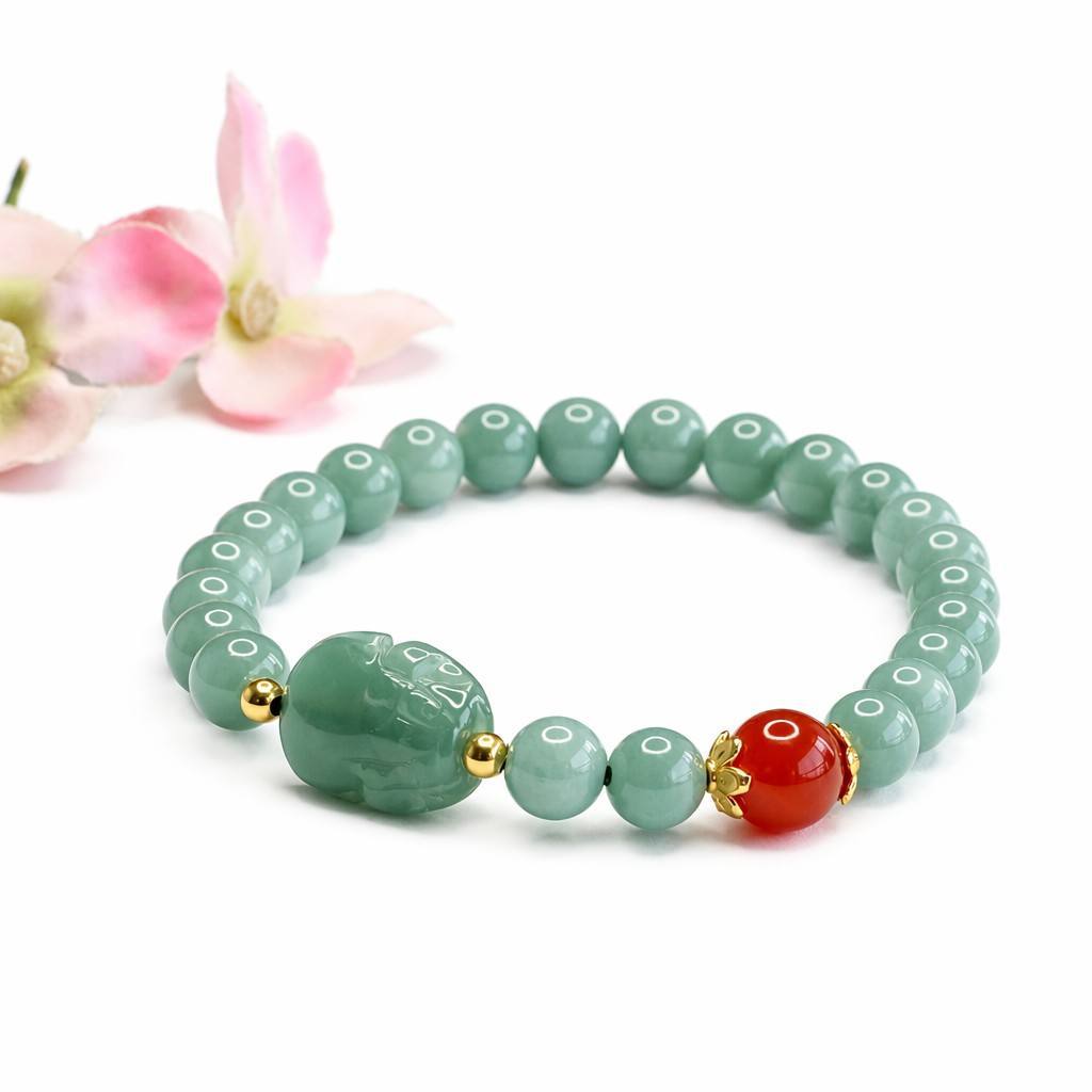 Blue Water Jadeite Jade and Red Agate Pixiu Beaded Bracelet