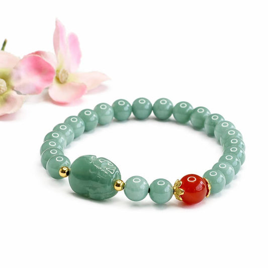 Blue Water Jadeite Jade and Red Agate Pixiu Beaded Bracelet
