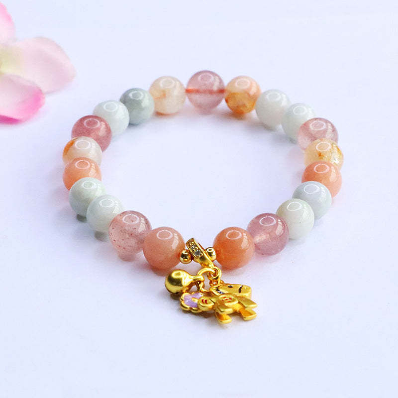 Burmese Grade A Jadeite and Strawberry Quartz Multi-Gemstone Beaded Bracelet with Horse Charm