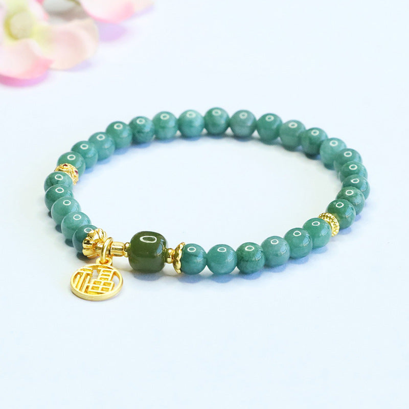Blue Water Jadeite Jade and Nephrite Jade Beaded Bracelet with Fu Coin Pendant