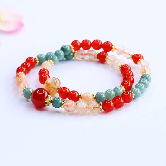 Red Agate, Yellow Phantom Quartz, and Jadeite Double-Strand Beaded Bracelet
