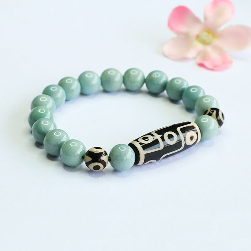 Blue Water Jadeite Jade and Dzi Agate Beaded Bracelet