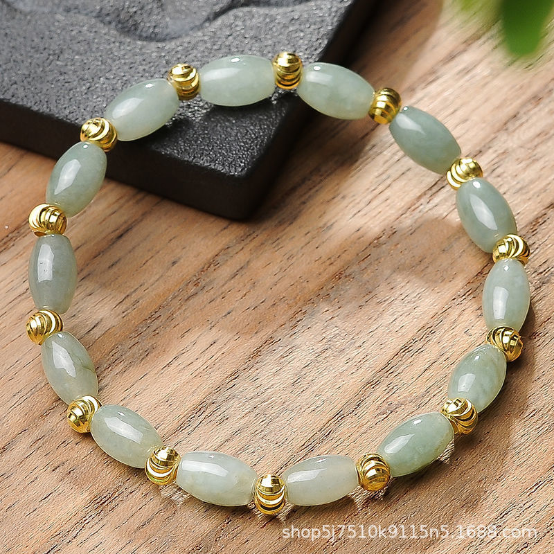rade A Jadeite Jade Rice Bead and Ribbed Gold Spacer Bracelet