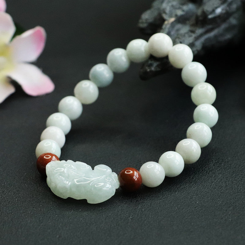 Grade A Jadeite Jade Pixiu Beaded Bracelet with Red Accent Beads