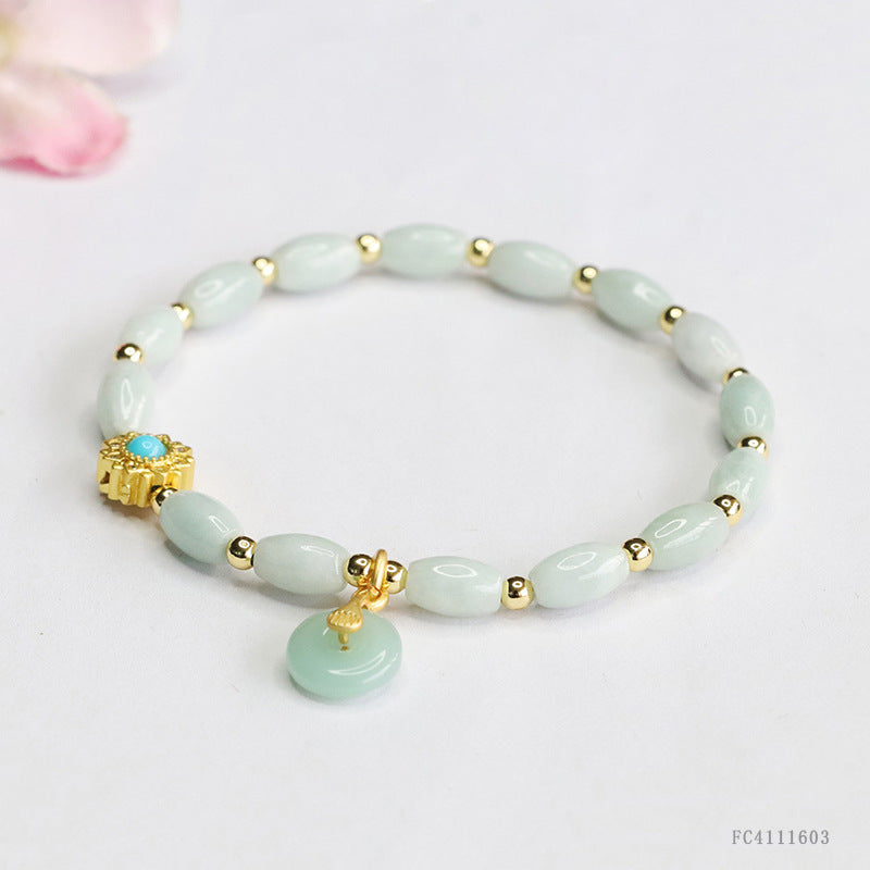 Burmese Grade A Jadeite Rice Bead Bracelet with Ping An Kou Charm and Turquoise Accent