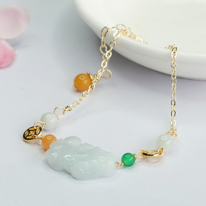 Burmese Grade A Jadeite Jade Pi Xiu Chain Bracelet with Multi-Color Accents