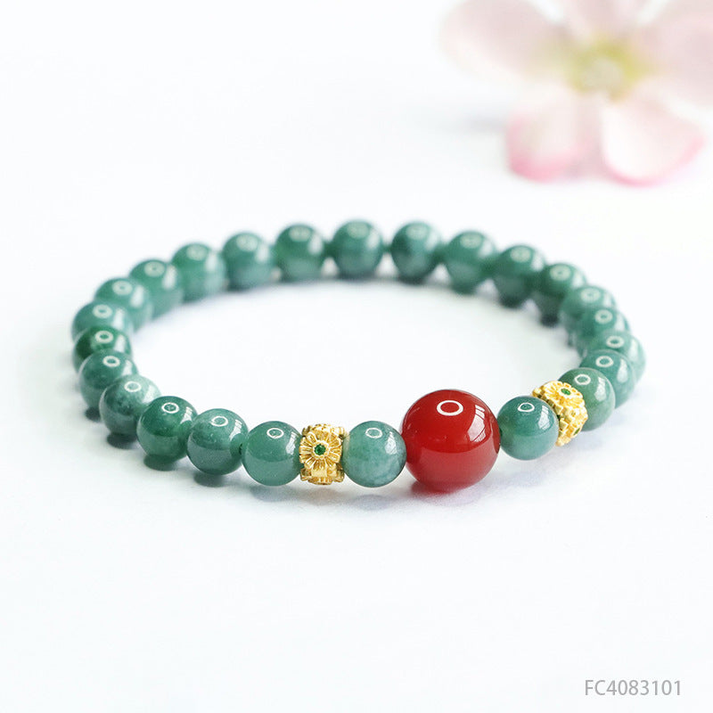 Blue Water Jadeite Jade and Red Agate Beaded Bracelet with Gold-Tone Spacers