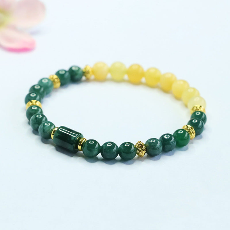 Blue Water Jadeite Jade and Yellow Jade Beaded Bracelet with Barrel Accent