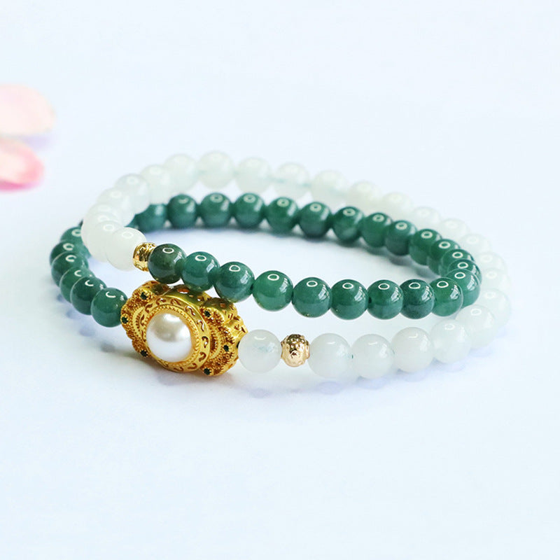 Blue Water Jadeite Jade and White Jadeite Double-Strand Bracelet with Pearl Centerpiece