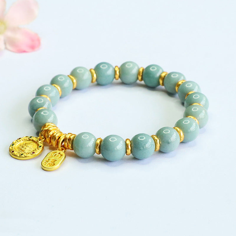 Blue Water Jadeite Jade and Yellow Wealth Deity Beaded Bracelet