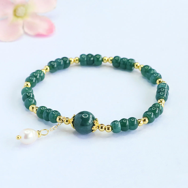 Blue Water Jadeite Jade and Freshwater Pearl Beaded Bracelet