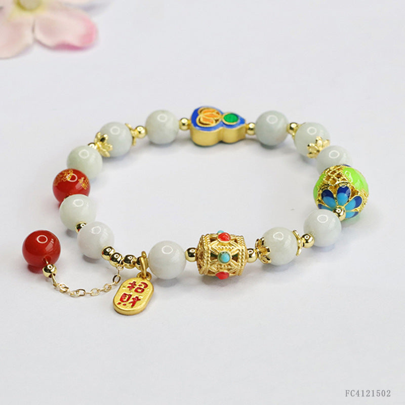 Burmese Grade A Jadeite Jade and Enamel Accent Beaded Bracelet