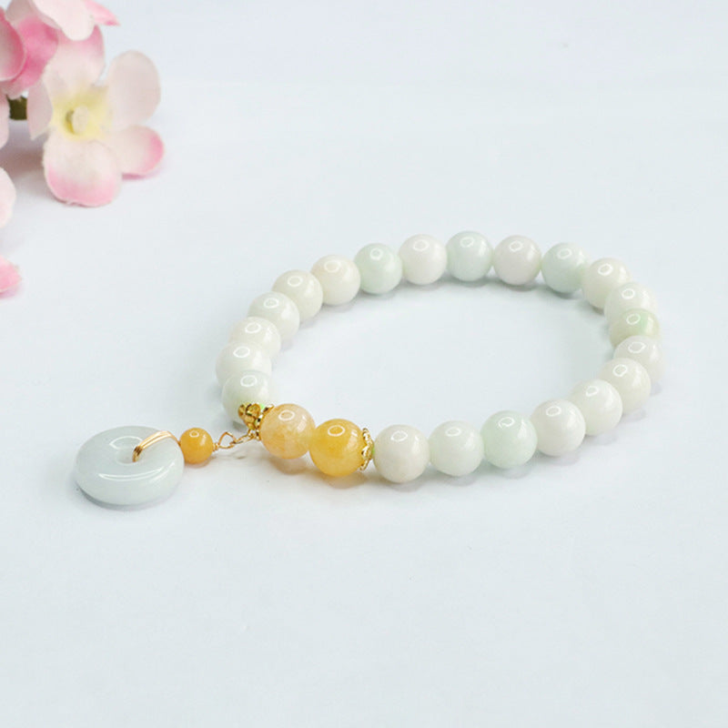 Grade A Jadeite Jade Beaded Bracelet with Peace Buckle Pendant