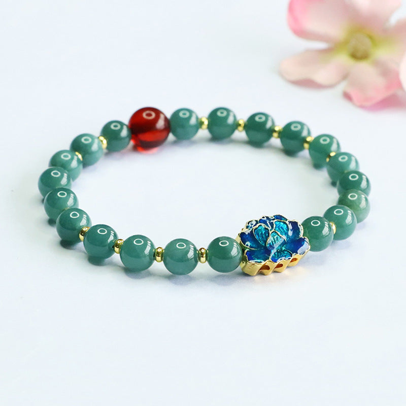 Blue Water Jadeite Jade and Blood Amber Blue Lotus Beaded Bracelet