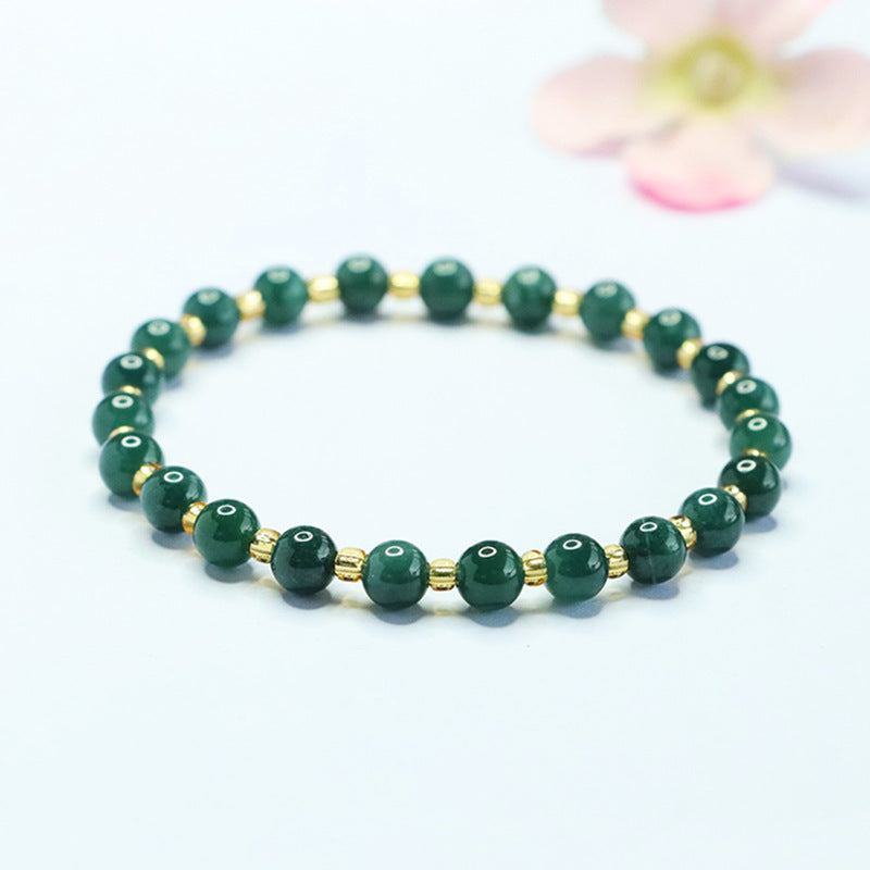 Blue Water Jadeite Jade Beaded Bracelet with Gold-Tone Spacers