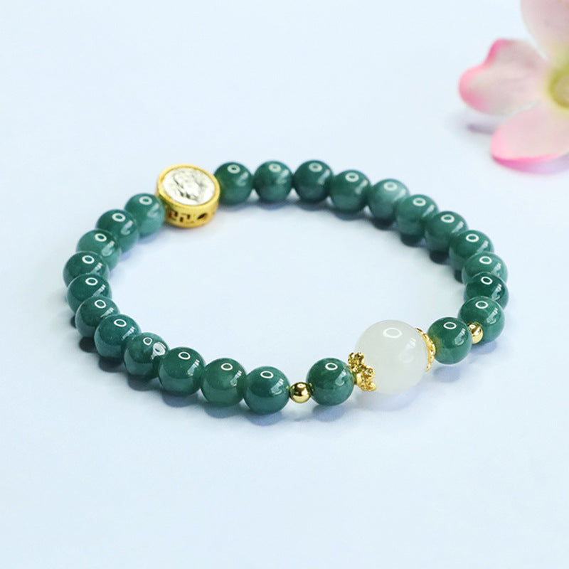 Blue Water Jadeite Jade and Yellow Wealth Deity Beaded Bracelet