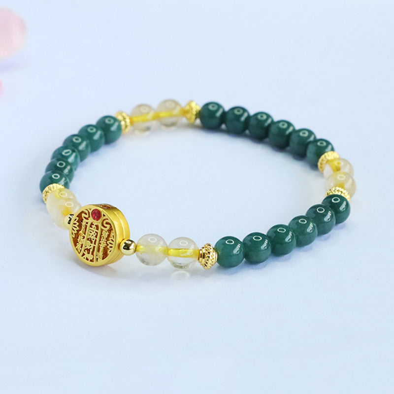 Blue Water Jadeite Jade and Rutilated Quartz Beaded Bracelet with Engraved Charm