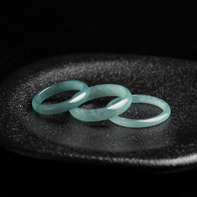 Grade A Old Mine Ice-Type Blue Water Jadeite Jade Solid Rounded Band Ring
