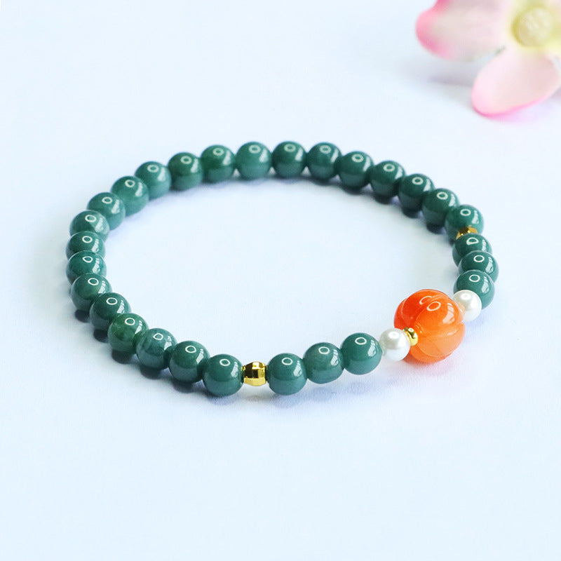 Blue Water Jadeite Jade Pumpkin Beaded Bracelet with Pearl Accents