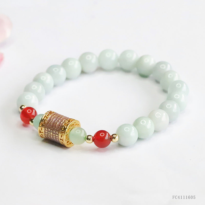 Burmese Grade A Jadeite Jade Beaded Bracelet with Scripture Tube Bead