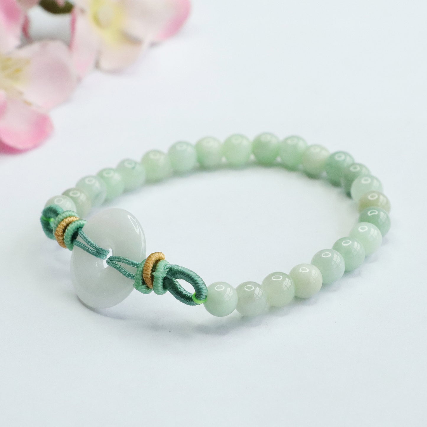 Blue Water Jadeite Jade Beaded Bracelet with Ping An Kou Centerpiece