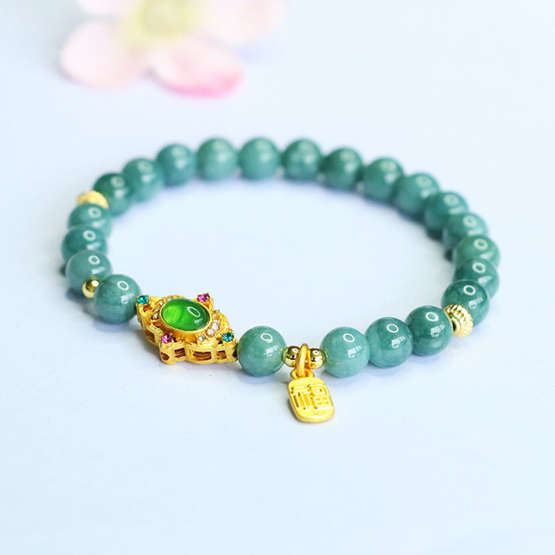 Blue Water Jadeite Jade Ruyi and Wealth Charm Beaded Bracelet