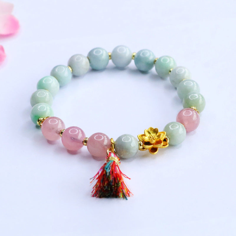 Burmese Grade A Jadeite Jade and Rose Quartz Lotus Beaded Bracelet