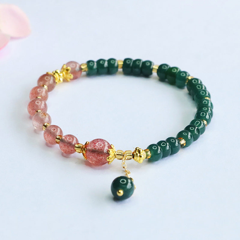 Blue Water Jadeite Jade and Strawberry Quartz Beaded Bracelet with Dangle Charm