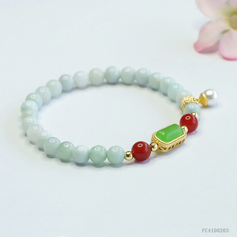 Burmese Grade A Jadeite Beaded Bracelet with Green Jadeite Plaque, Red Agate, and Pearl Charm