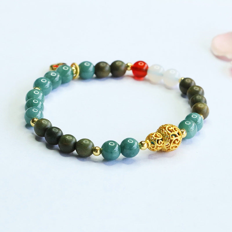 Blue Water Jadeite Jade, Green Sandalwood, Agate, and Chalcedony Beaded Bracelet