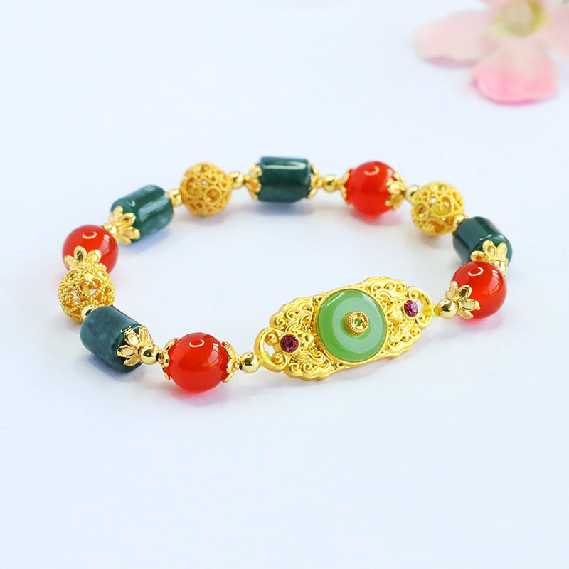 Blue Water Jadeite Jade Barrel Bead and Red Agate Ruyi Motif Bracelet