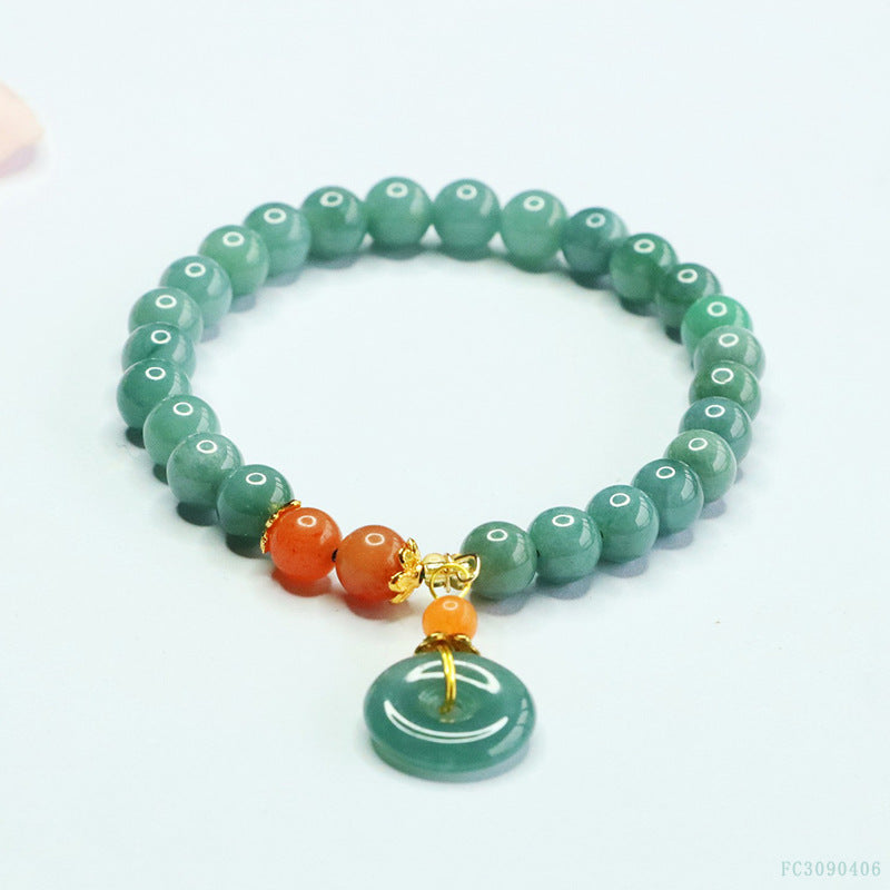 Grade A Jadeite Jade Beaded Bracelet with Peace Buckle Pendant