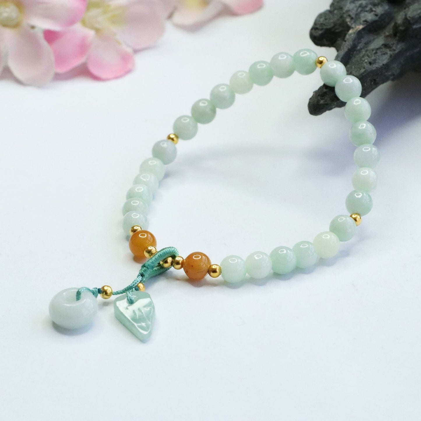 Burmese Grade A Jadeite Beaded Bracelet with Ping An Kou and Leaf Dangle Charms