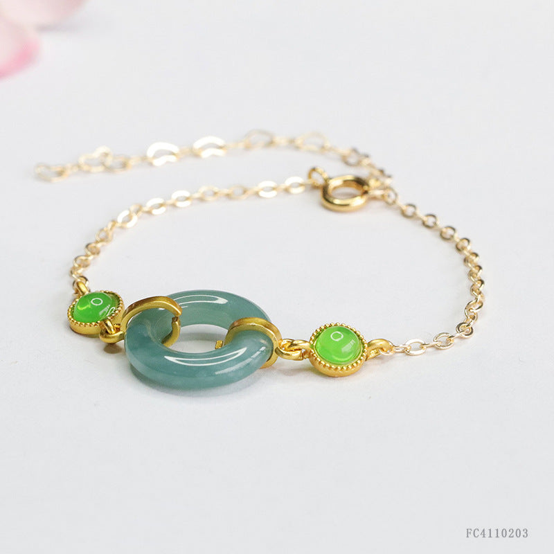 Blue Water Jadeite Jade Safety Ring Chain Bracelet with Green Cabochons