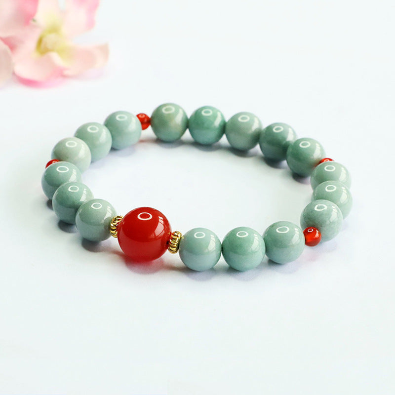 Blue Water Jadeite Jade and Red Agate Beaded Bracelet
