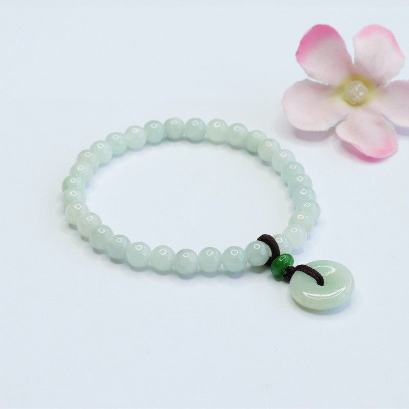 Grade A Pale Green Jadeite Jade Peace Buckle Cord-Tassel Beaded Bracelet