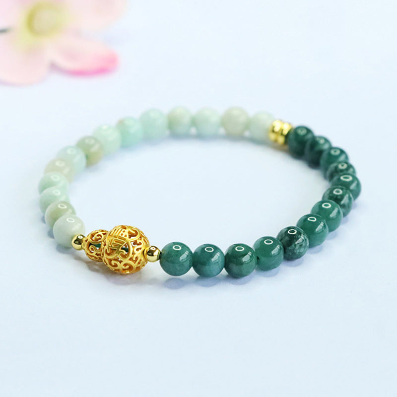 Two-Tone Jadeite Jade Beaded Bracelet with Hollow-Out Gourd Charm