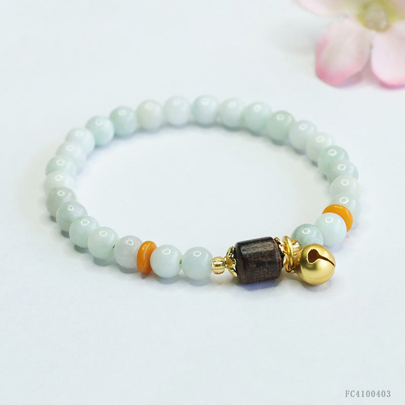 Burmese Grade A Jadeite Jade and Agarwood Beaded Bracelet with Bell Accent